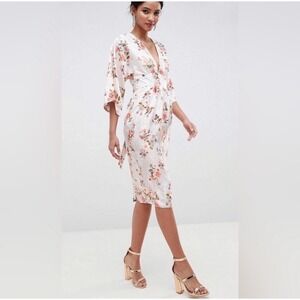 ASOS Floral Pink Cream Midi Dress Kimono Sleeve Belted Size 2 Cottage Coquette